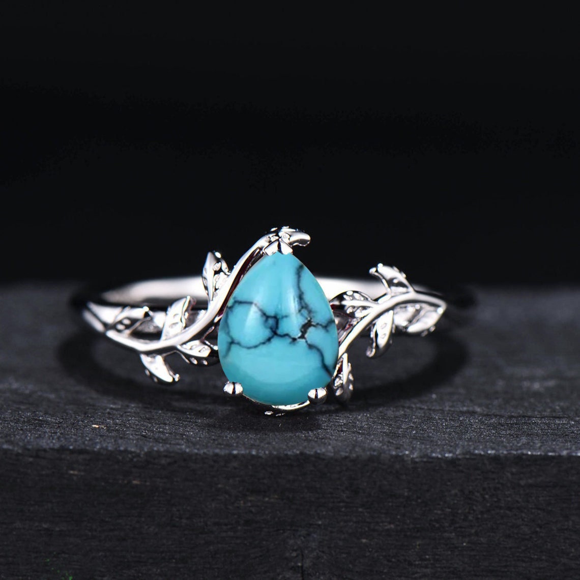 Natural Turquoise Leaf Engagement Rings Vintage Branch Style 1.25ct Pear Shaped Turquoise Bridal Set 14k Rose Gold Nature Inspired Jewelry
