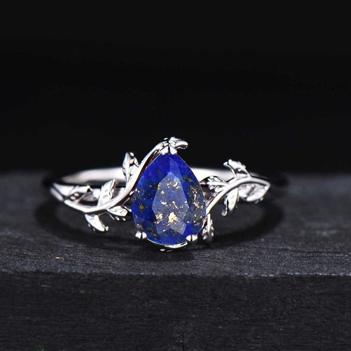Nature Inspired Lapis Lazuli Engagement Ring Set Vintage Lapis Gold Celtic Bridal Set Pear Blue Lapis Jewelry Antique Noble Gift for Women