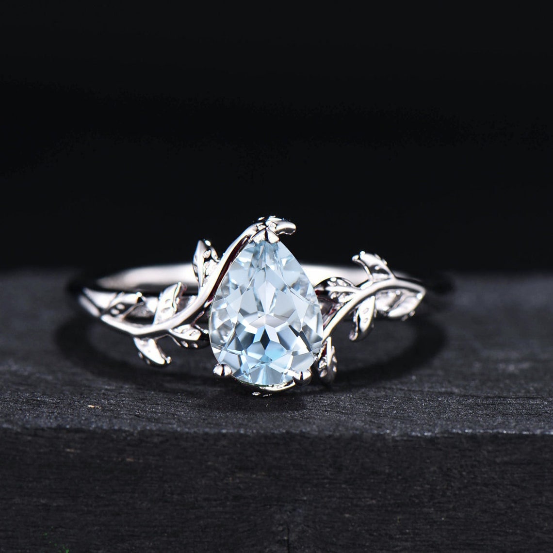 Natural Aquamarine Bridal Set Nature Inspired Engagement Rings Solid 14K Rose Gold Ring Unique Leaf Wedding Ring Set March Birthstone Gift