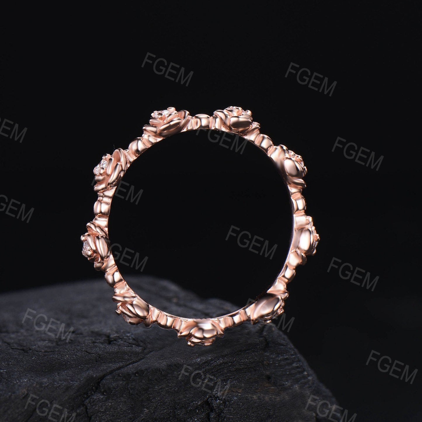 Rose Flower Wedding Band Delicate Moissnaite/Diamond Stacking Matching Minimalist Band Rose Gold Floral Promise Ring Women Anniversary Gifts