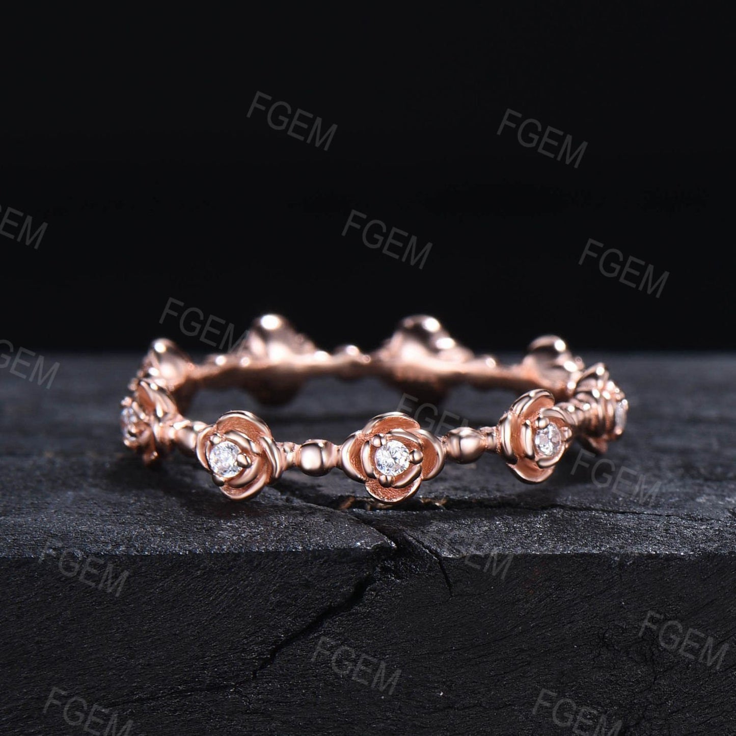 Rose Flower Wedding Band Delicate Moissnaite/Diamond Stacking Matching Minimalist Band Rose Gold Floral Promise Ring Women Anniversary Gifts