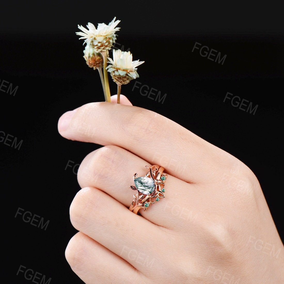 1.25ct Pear Shaped Natural Moss Agate Bridal Set 10K/14K/18K Rose Gold Nature Inspired Emerald Engagement Rings Leaf Leaves Solitaire Ring