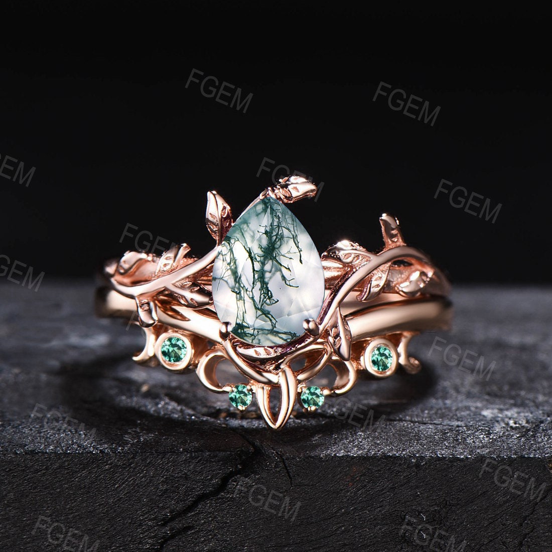 1.25ct Pear Shaped Natural Moss Agate Bridal Set 10K/14K/18K Rose Gold Nature Inspired Emerald Engagement Rings Leaf Leaves Solitaire Ring