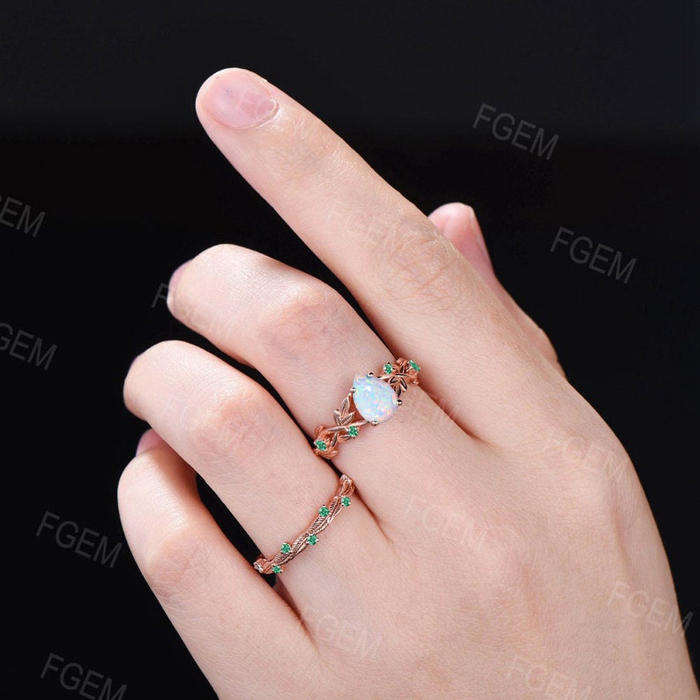 Leaf Opal Engagement Rings Vintage 14K Rose Gold 1.25ct Pear Shaped Unique Nature Inspired Opal Wedding Ring Set Green Emerald Wedding Band