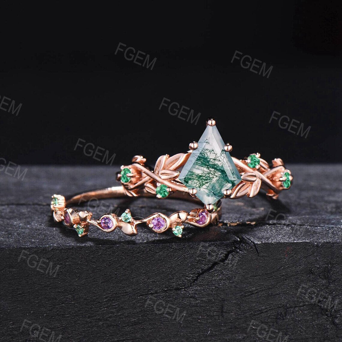 Nature Inspired Kite Cut Natural Moss Agate Ring Unique Moss Agate Leaf Engagement Ring Set 14k Rose Gold Emerald Ring Amethyst Wedding Set