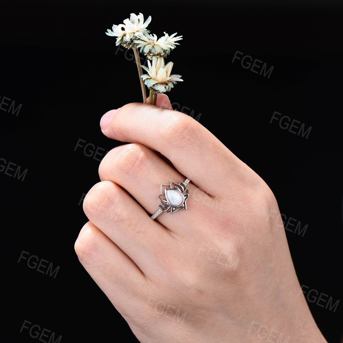 Sterling Silver Lotus Flower Engagement Rings Pear Shaped White Opal Ring October Birthstone Jewelry Unique Wedding Birthday Gift for Women
