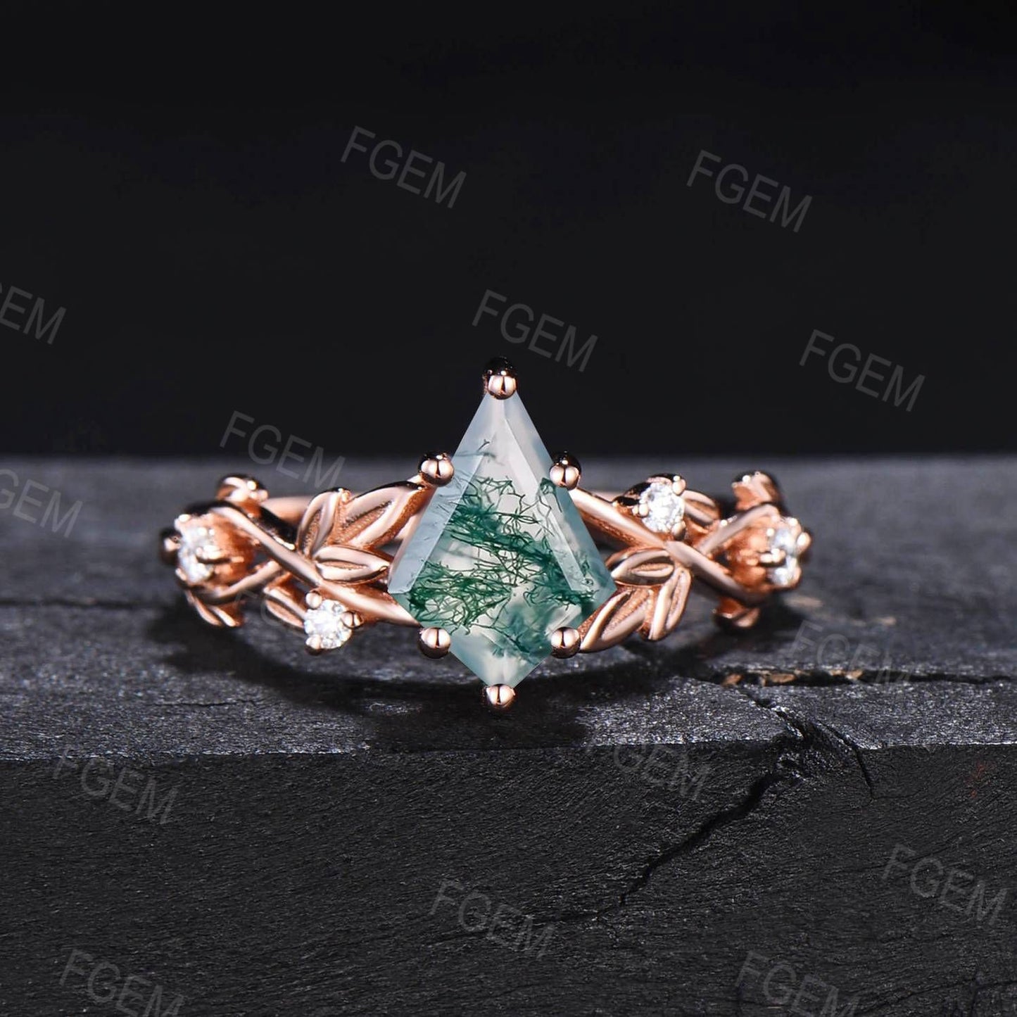 Kite Cut Natural Moss Agate Leaf Wedding Rings Set Vintage 10K/14K/18K Rose Gold Nature Inspired Engagement Ring Twig Branch Wedding Band