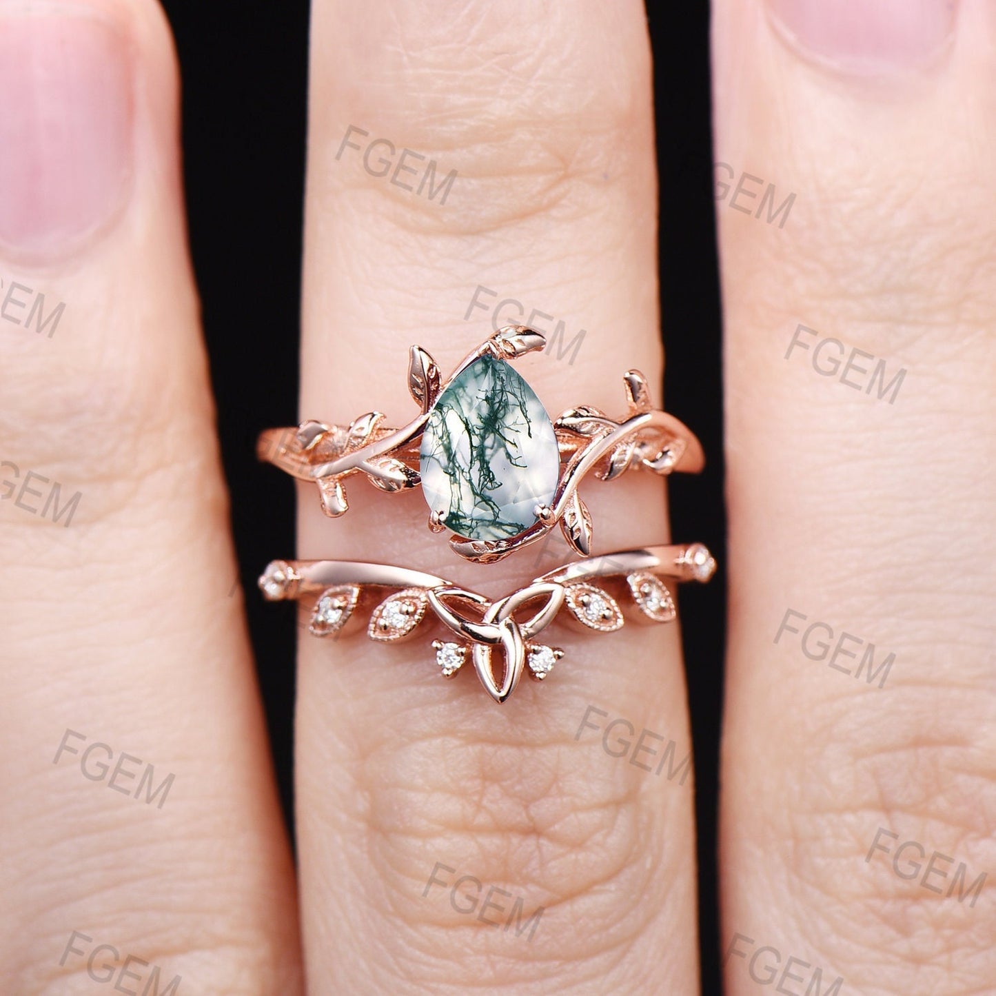 Pear Shape Natural Moss Agate Bridal Set Leaf Engagement Ring Rose Gold Vintage Unique Solitaire Rings Leaves Wedding Band Anniversary Gift