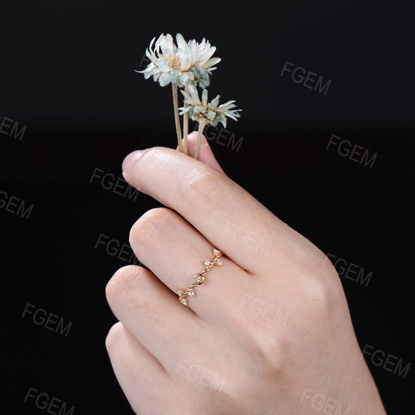 Dainty Rose Flower Moissanite Nature Inspired Wedding Band 10K Yellow Gold Floral Round Moissanite Twisted Wedding Ring Unique Promise Gifts