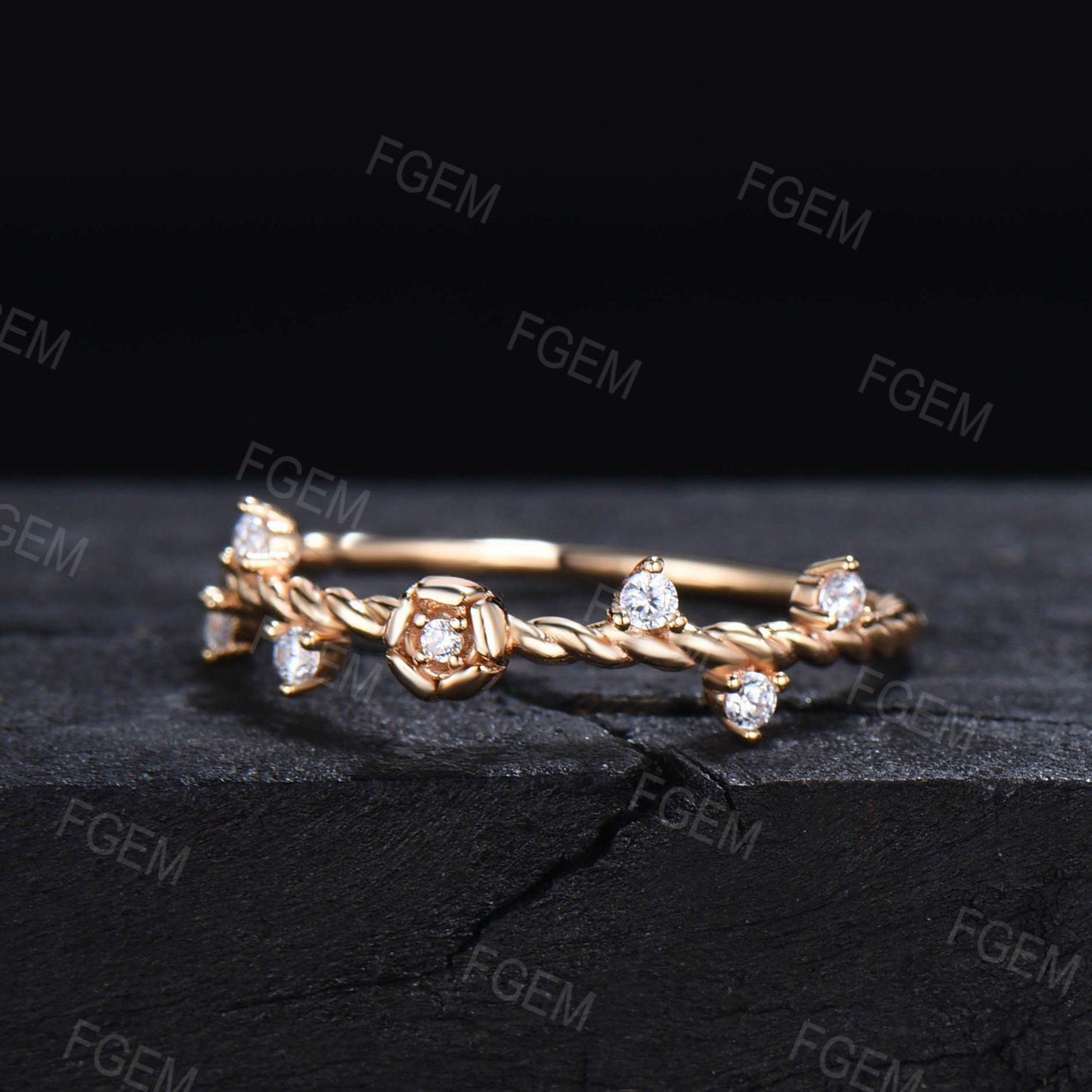 Dainty Rose Flower Moissanite Nature Inspired Wedding Band 10K Yellow Gold Floral Round Moissanite Twisted Wedding Ring Unique Promise Gifts