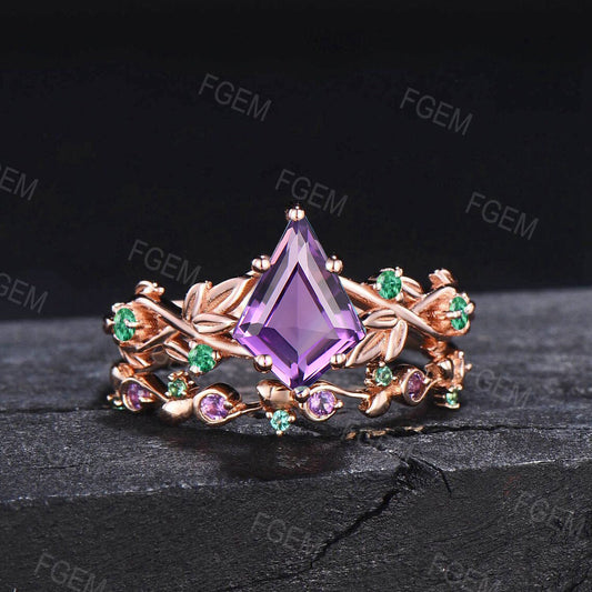 Nature Inspired Natural Amethyst Bridal Set Kite Cut Leaf Amethyst Engagement Ring Purple Crystal Wedding Ring Emerald Amethyst Wedding Band