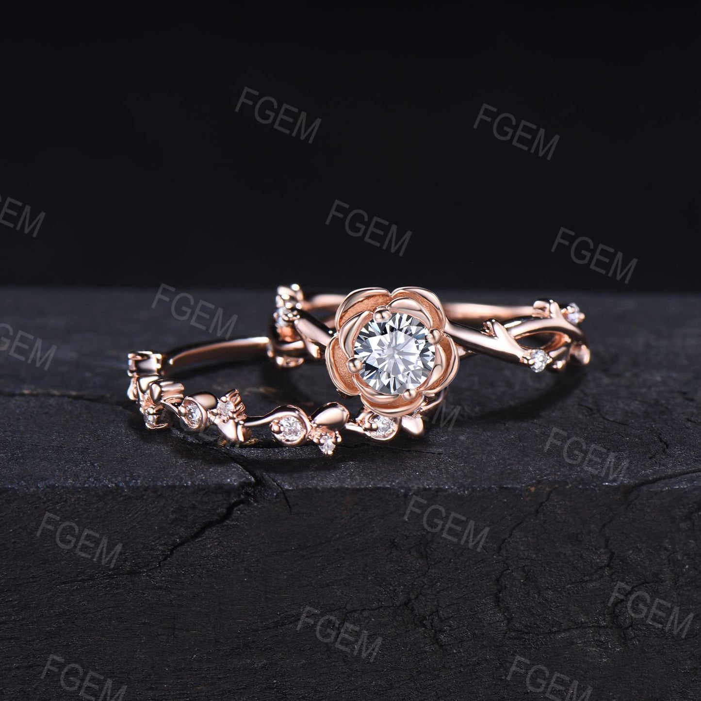 Nature Inspired Grey Moissanite Twig Ring Set Round Cut Rose Flower Engagement Ring 10K Rose Gold Grey Moissanite Ring Floral Promise Ring