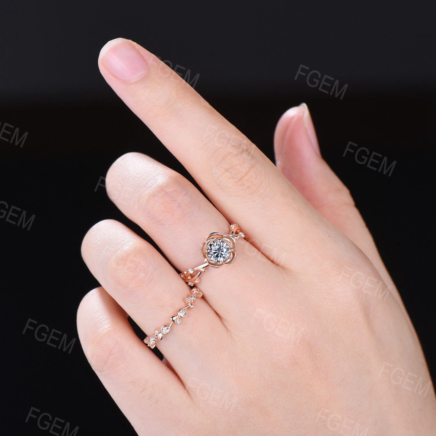 Nature Inspired Grey Moissanite Twig Ring Set Round Cut Rose Flower Engagement Ring 10K Rose Gold Grey Moissanite Ring Floral Promise Ring