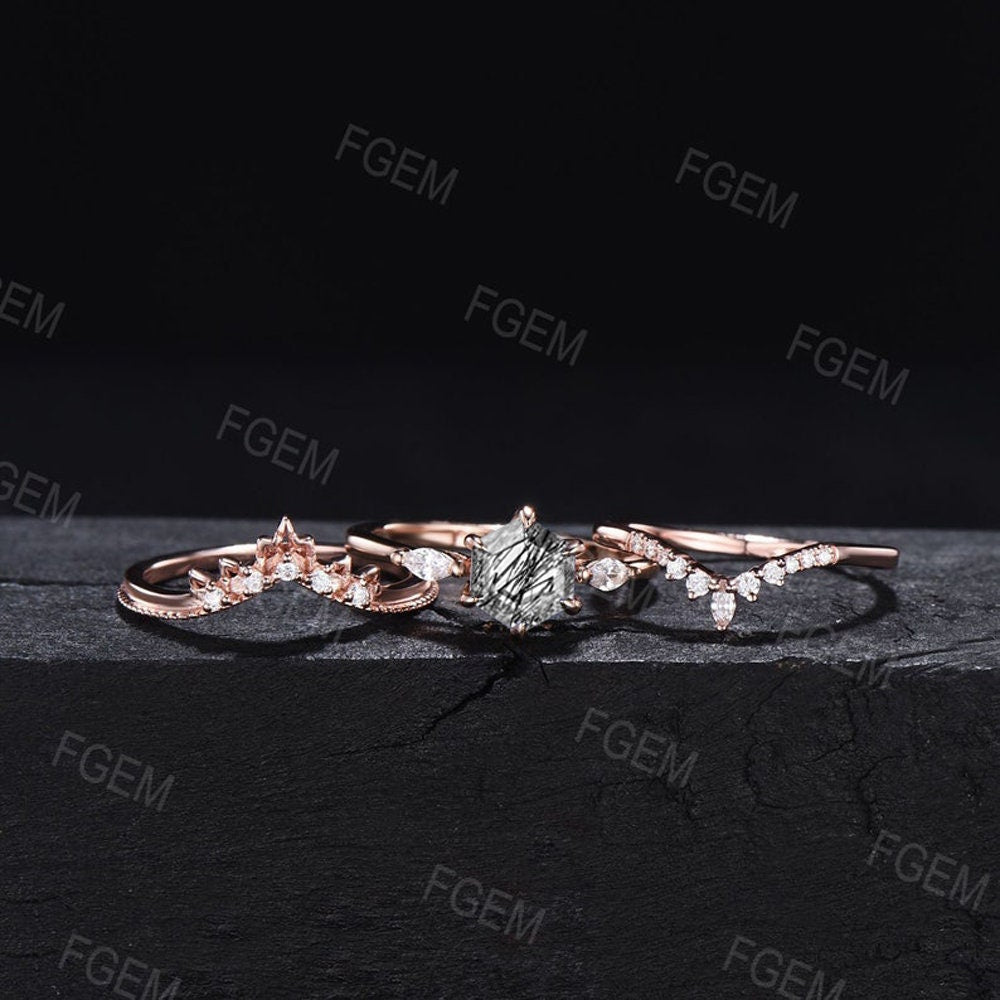 3pcs Black Bridal Set Hexagon Natural Black Rutilated Quartz Engagement Ring CZ Diamond Stacking Matching Wedding Band Black Stone Jewelry