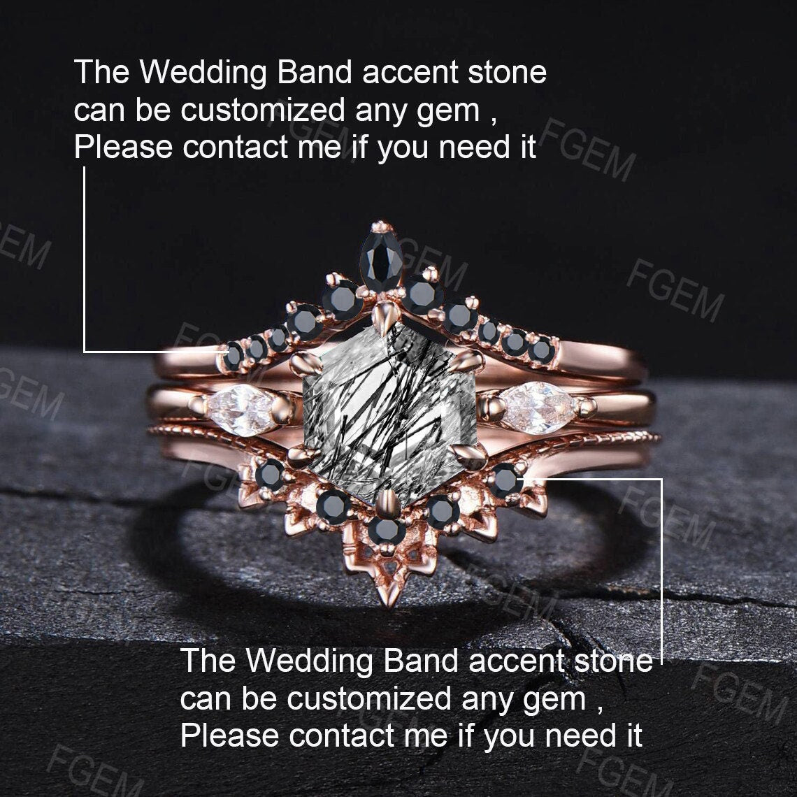 3pcs Hexagon Cut Natural Black Rutilated Quartz Ring Set Vintage Black Spinel Wedding Band Unique Wedding Gift for Women Black Stone Jewelry