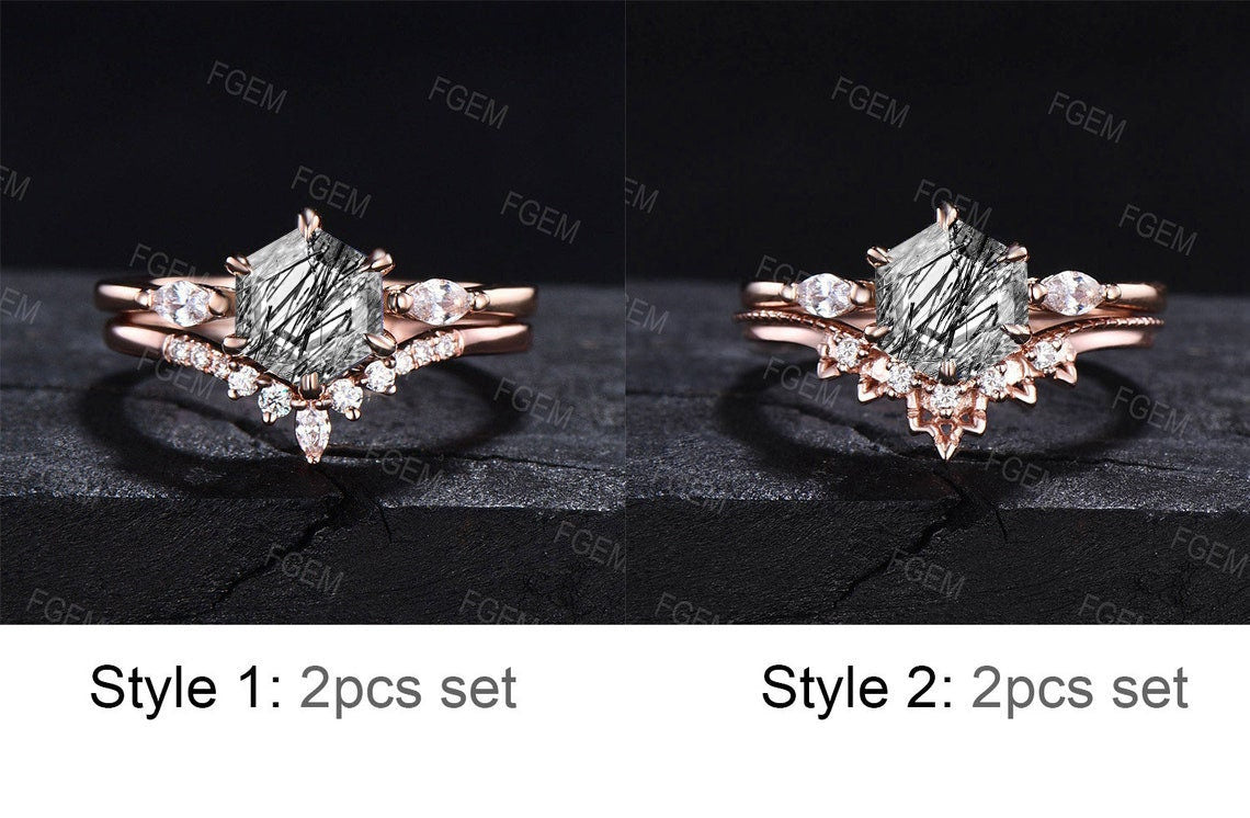 3pcs Black Bridal Set Hexagon Natural Black Rutilated Quartz Engagement Ring CZ Diamond Stacking Matching Wedding Band Black Stone Jewelry