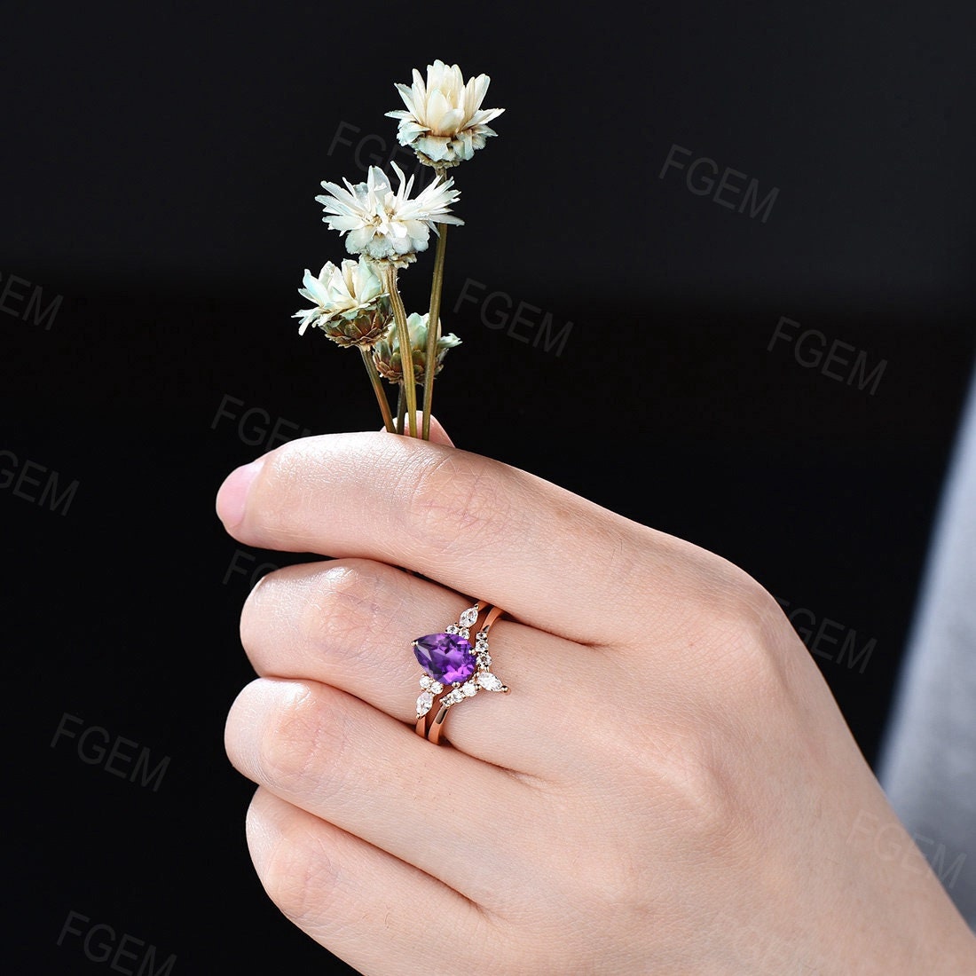 1.25ct Pear Shaped Natural Amethyst Ring Set for Women Sterling Silver Purple Crystal Amethyst Wedding Ring February Birthstone Jewelry Gift