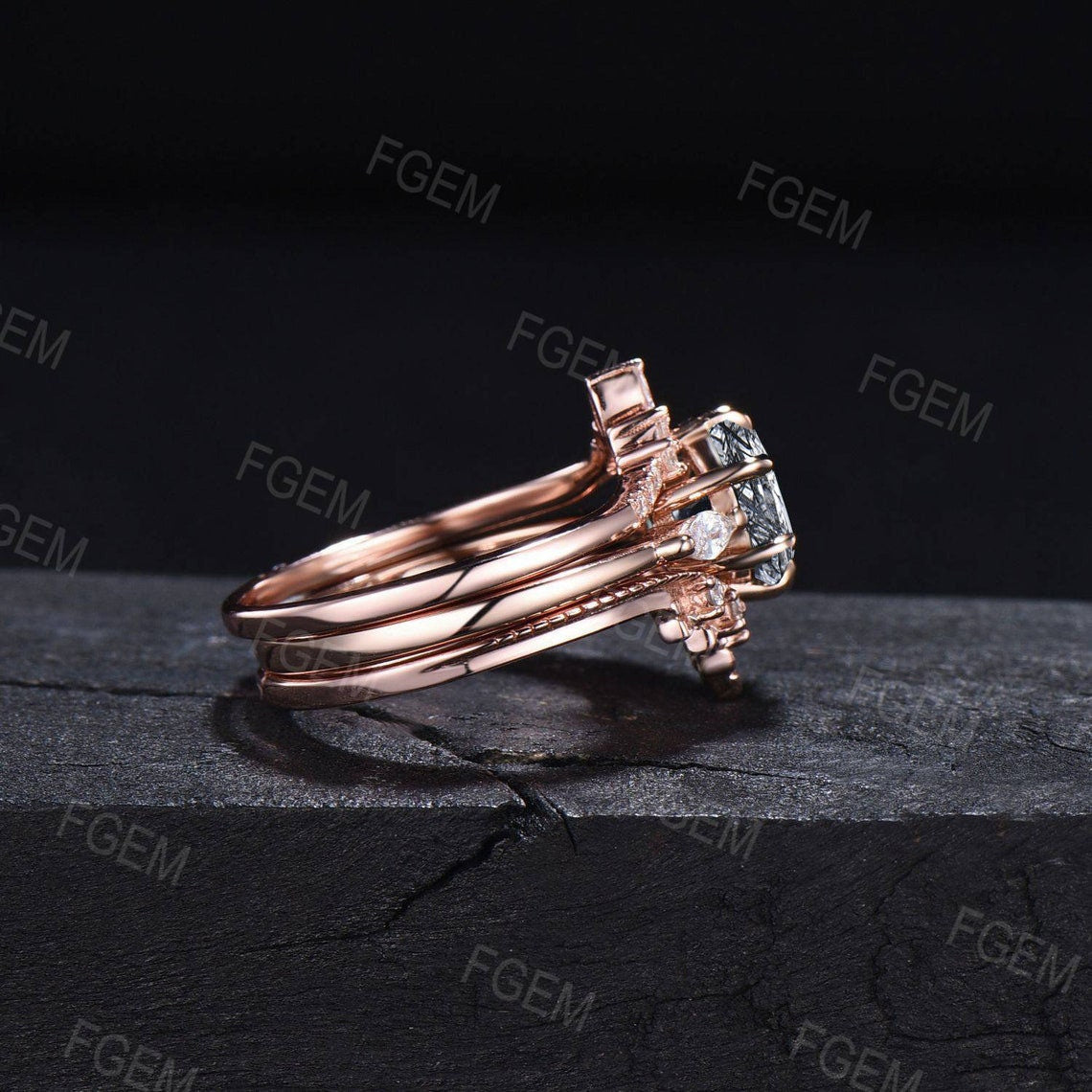 3pcs Black Bridal Set Hexagon Natural Black Rutilated Quartz Engagement Ring CZ Diamond Stacking Matching Wedding Band Black Stone Jewelry