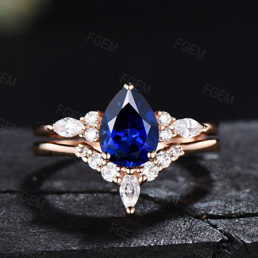 Sterling Silver Blue Sapphire Engagement Ring Set Vintage 1.25ct Pear Shaped Blue Sapphire Bridal Set September Birthstone Gift Promise Ring