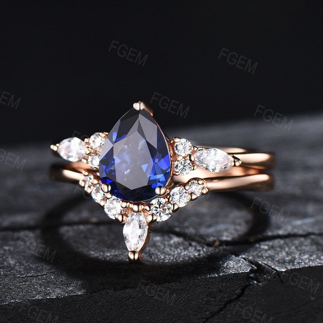 Sterling Silver Blue Sapphire Engagement Ring Set Vintage 1.25ct Pear Shaped Blue Sapphire Bridal Set September Birthstone Gift Promise Ring