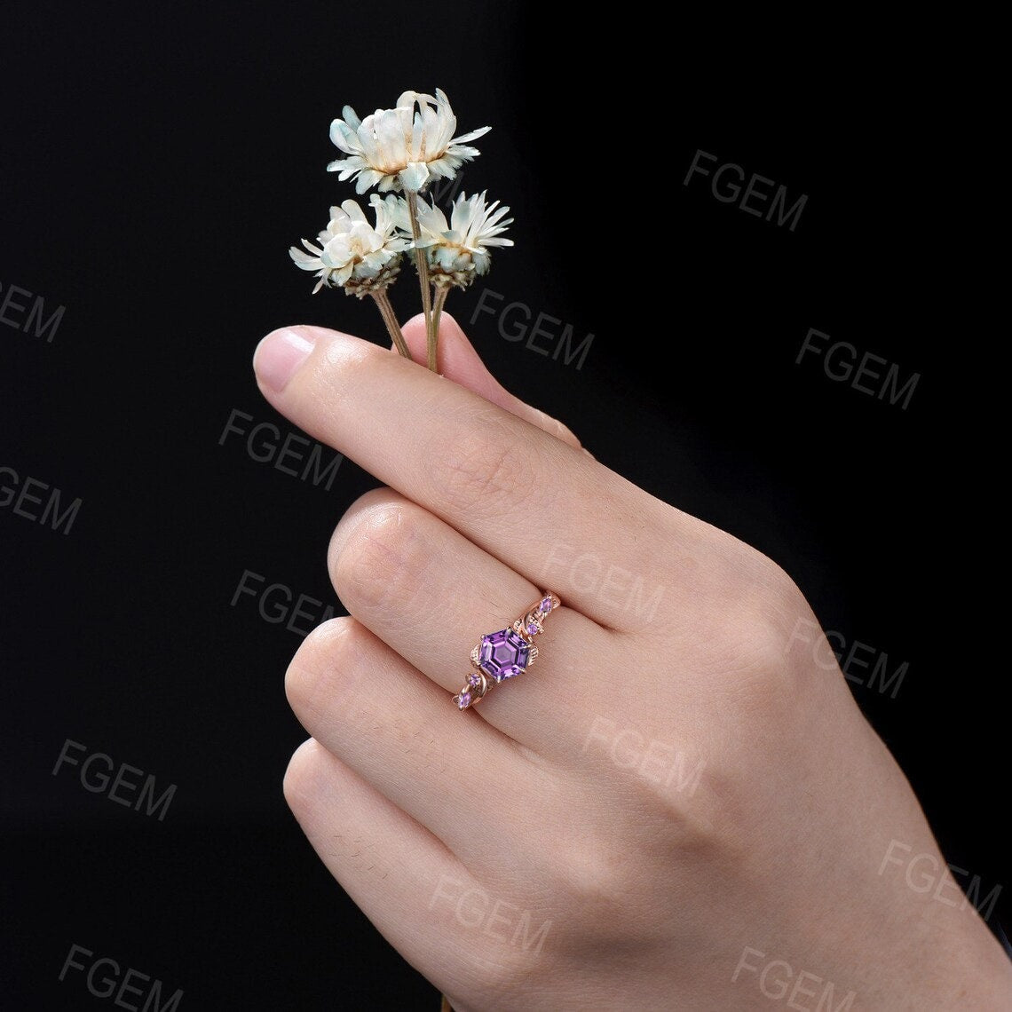 1ct Hexagon Cut Natural Amethyst Twist Leaf Engagement Ring 10K Rose Gold Purple Crystal Ring Amethyst Wedding Ring February Birthstone Gift