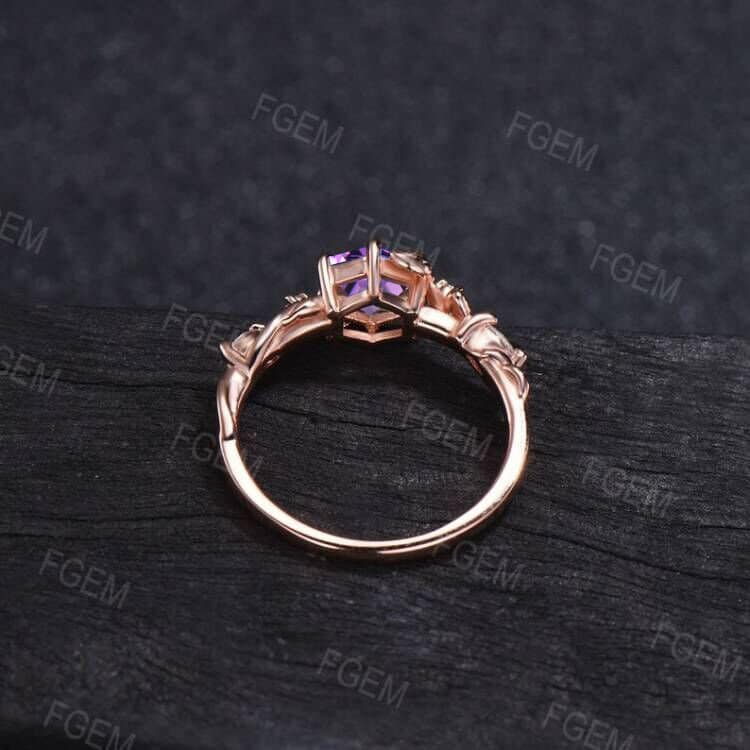 1ct Hexagon Cut Natural Amethyst Twist Leaf Engagement Ring 10K Rose Gold Purple Crystal Ring Amethyst Wedding Ring February Birthstone Gift