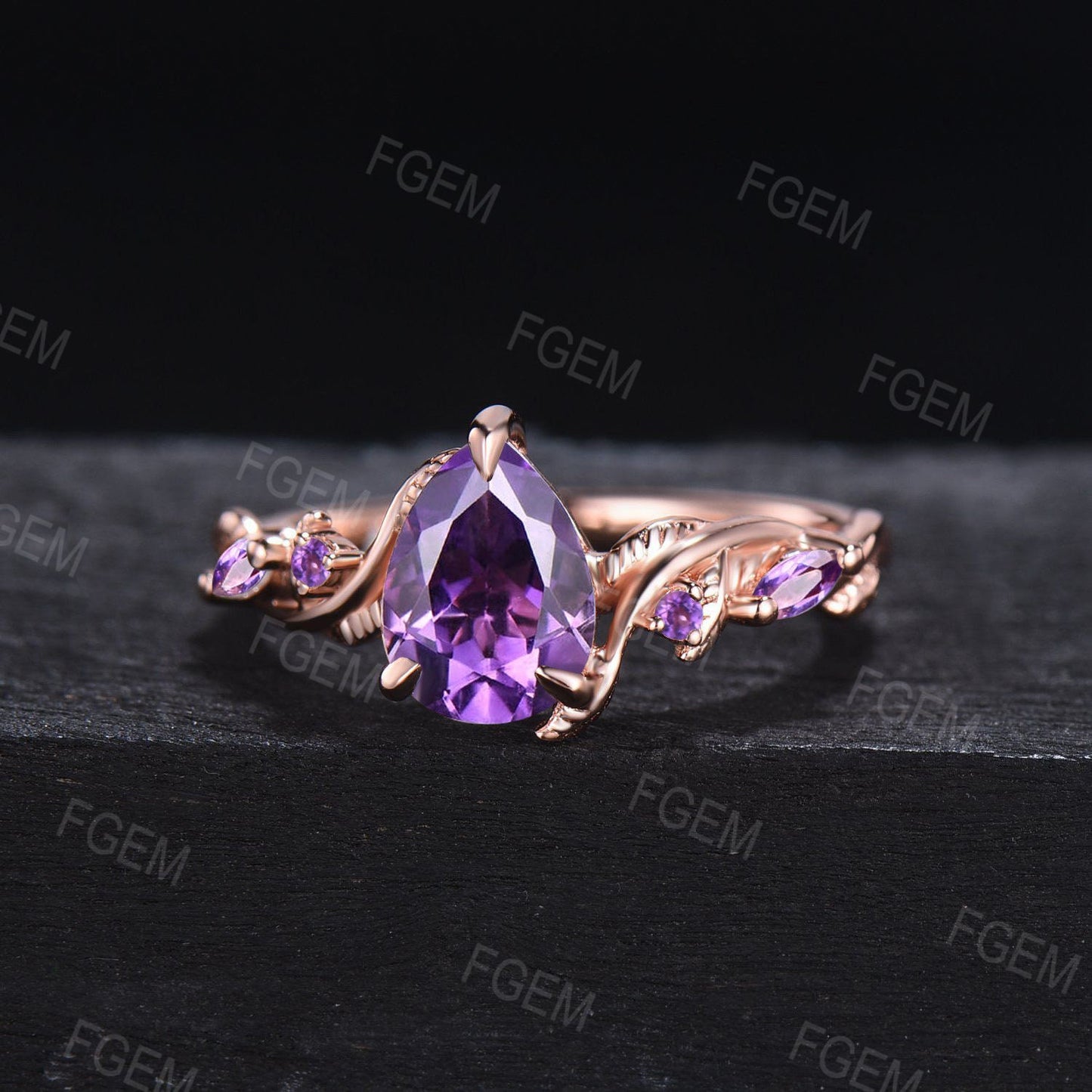 Nature Inspired Purple Amethyst Engagement Ring Rose Gold Twisted Leaf Ring Natural Purple Healing Crystal Ring February Birthstone Jewelry