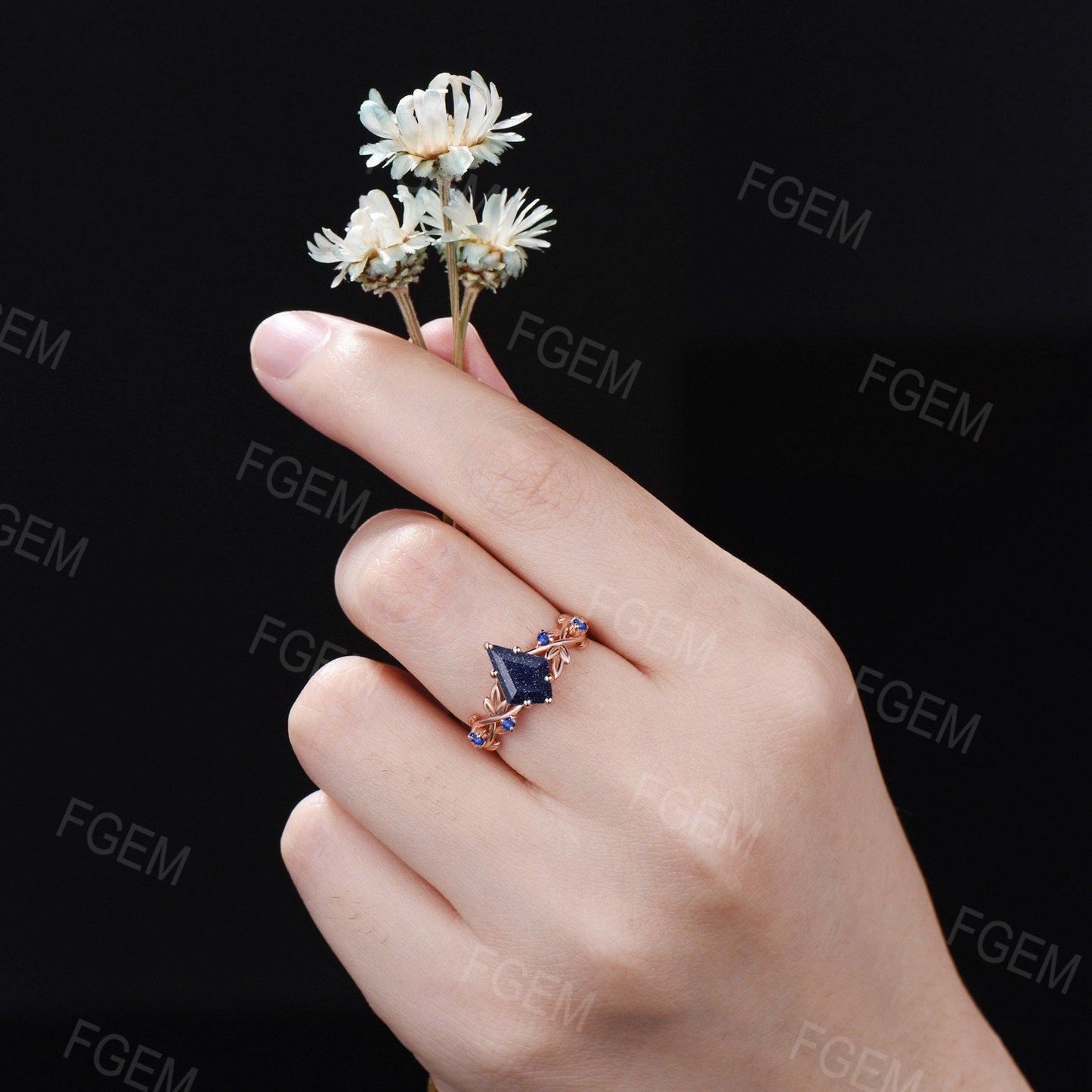 Nature Inspired Blue Goldstone Engagement Rings 14K Rose Gold Kite Galaxy Blue Sandstone Ring Blue Sapphire Leaf Wedding Ring Promise Gifts