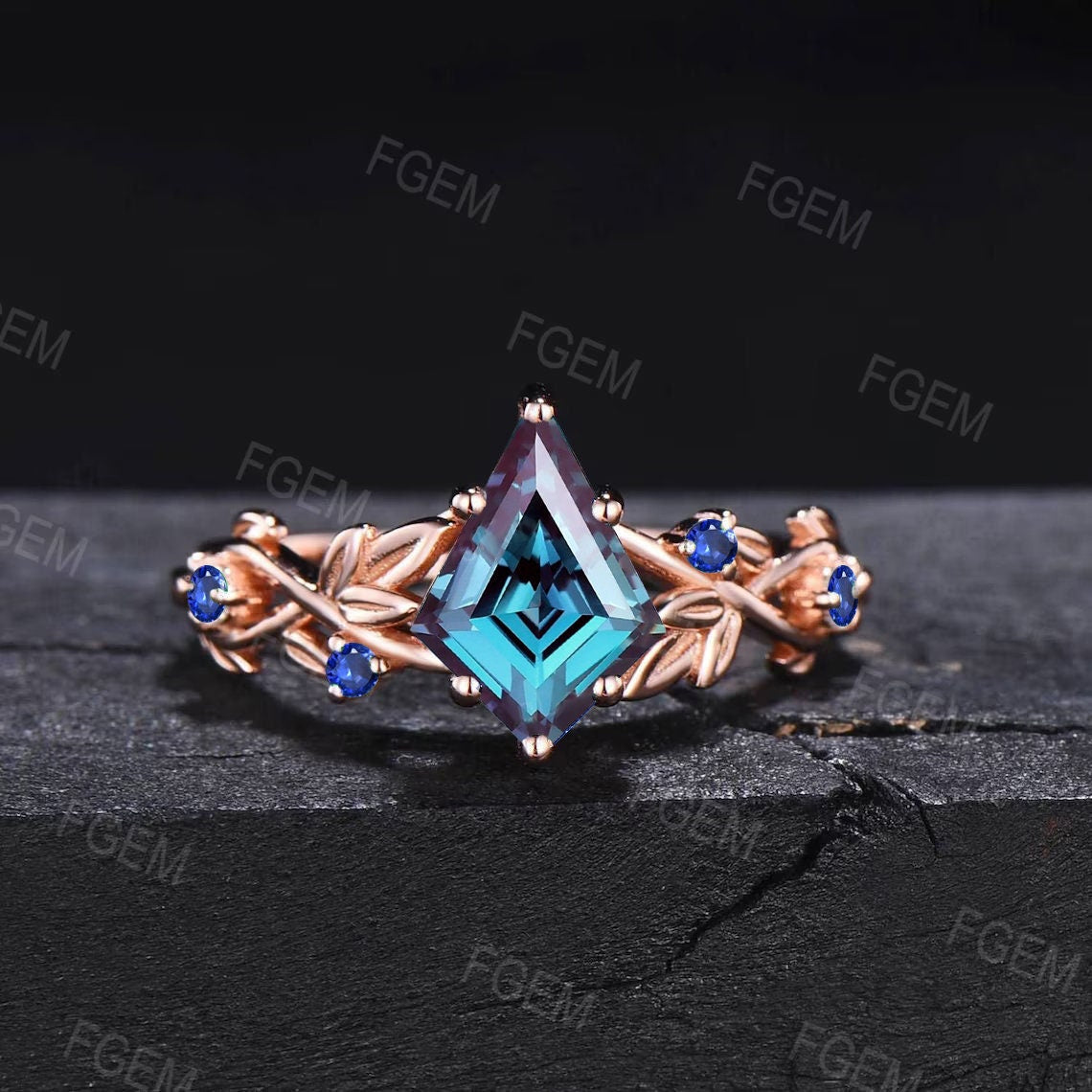 Nature Inspired Color-Change Alexandrite Ring Kite Cut Alexandrite Engagement Ring Leaf Vine Blue Sapphire Wedding Ring Unique Promise Gift