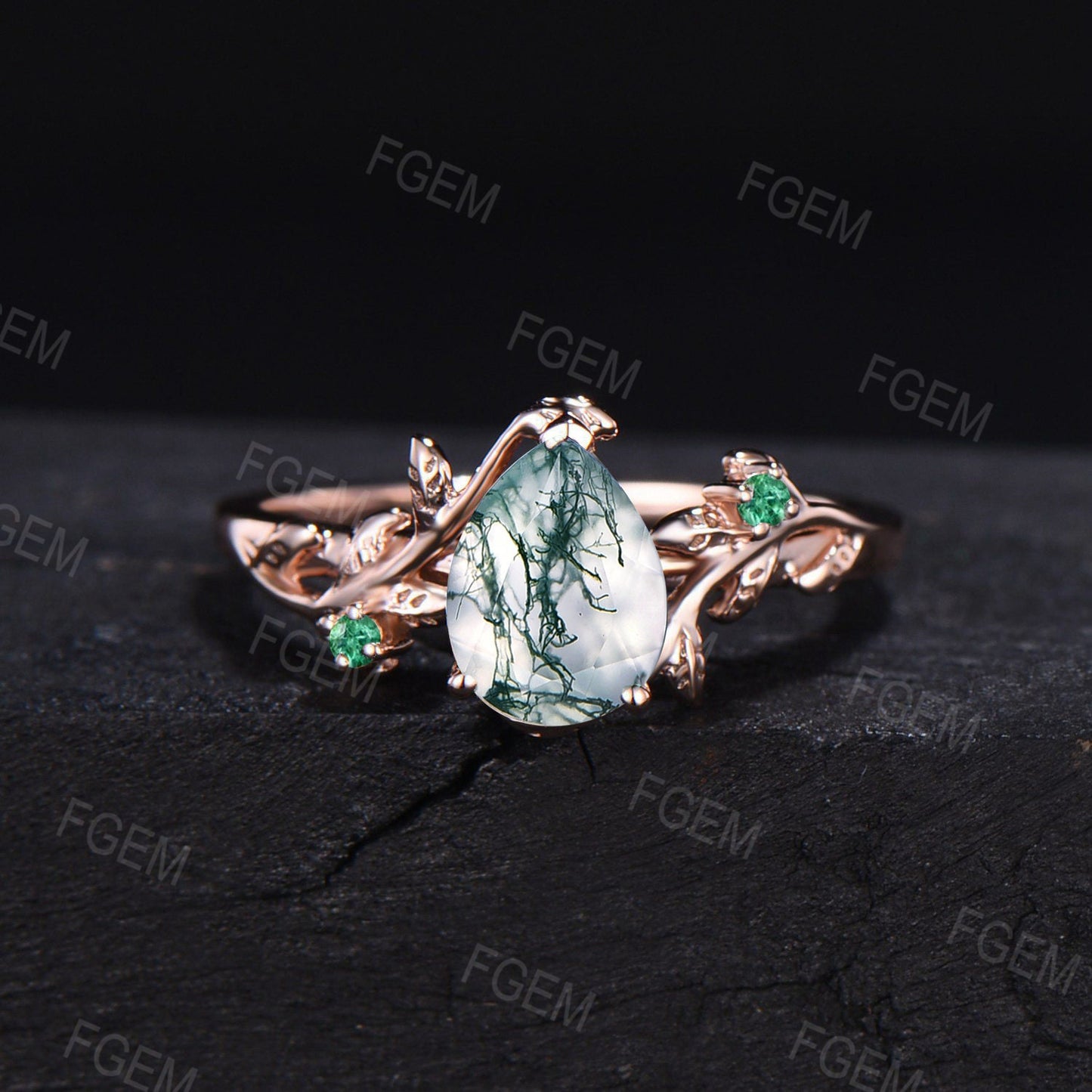 Nature Inspired Green Moss Agate Bridal Set Rose Gold Vintage Branch Design Unique Solitaire Ring Leaf Emerald Wedding Ring Anniversary Gift