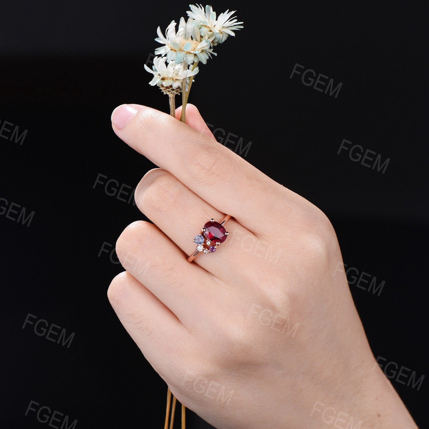 1.5ct Oval Cut Ruby Gemstone Jewelry 14K Rose Gold Ruby Alexandrite Amethyst Cluster Engagement Ring Multi Birthstone Ring Personalized Gift
