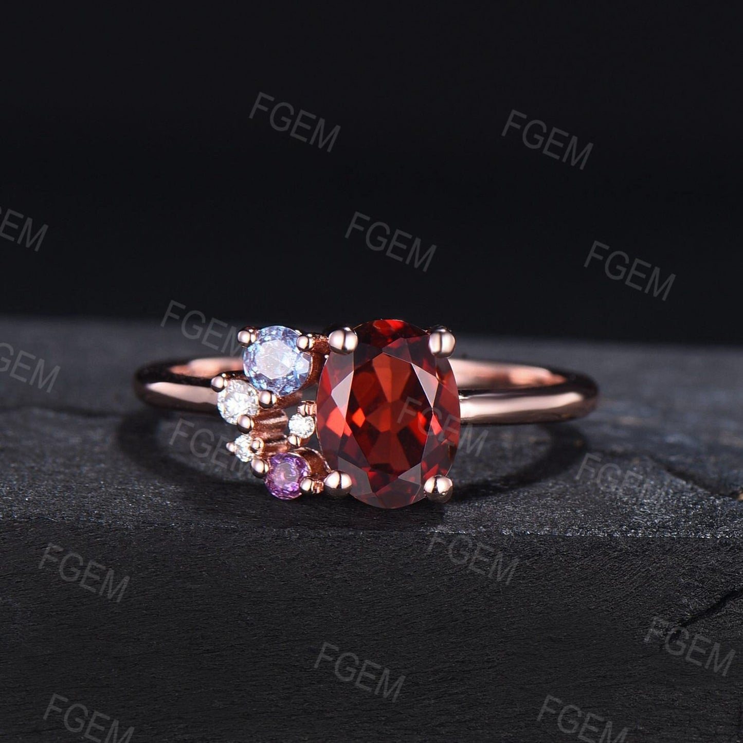 1.5ct Oval Cut Ruby Gemstone Jewelry 14K Rose Gold Ruby Alexandrite Amethyst Cluster Engagement Ring Multi Birthstone Ring Personalized Gift