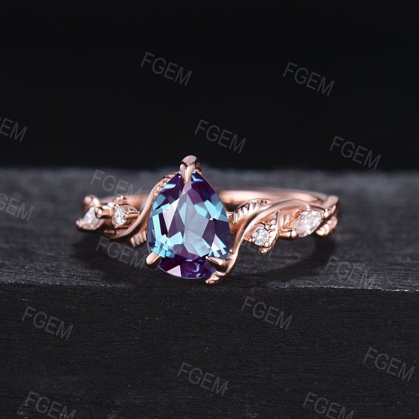 Nature Inspired Leaf Alexandrite Engagement Ring 1.25ct Pear Shaped Color-Change Alexandrite Ring Moissanite Vine Twig Twisted Wedding Ring