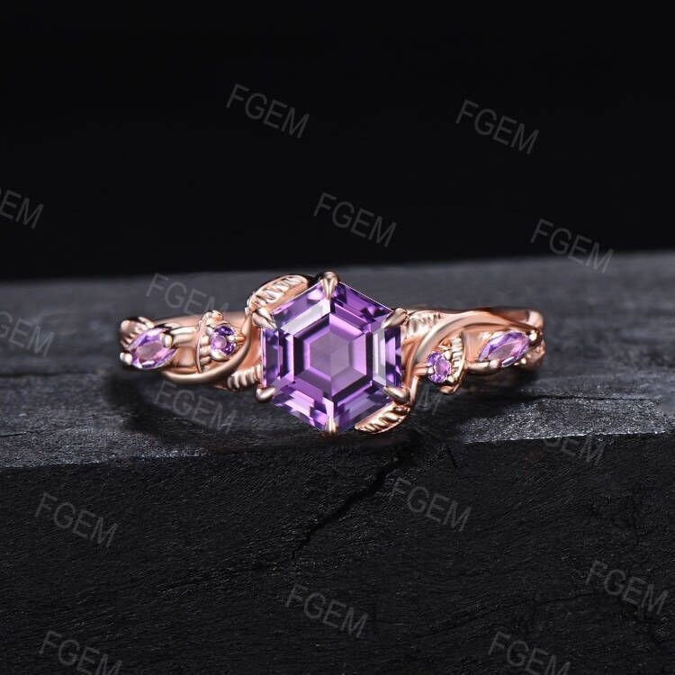 1ct Hexagon Cut Natural Amethyst Twist Leaf Engagement Ring 10K Rose Gold Purple Crystal Ring Amethyst Wedding Ring February Birthstone Gift