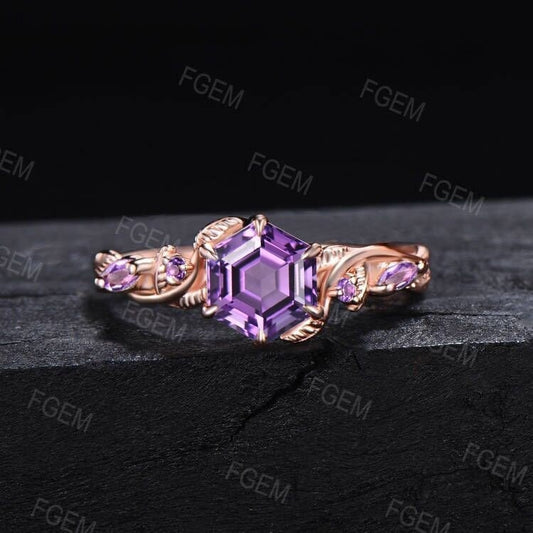 1ct Hexagon Cut Natural Amethyst Twist Leaf Engagement Ring 10K Rose Gold Purple Crystal Ring Amethyst Wedding Ring February Birthstone Gift