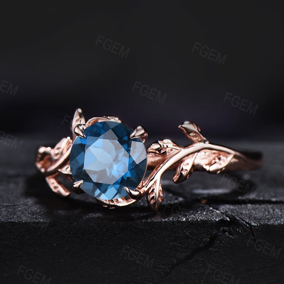 1CT Round Cut Leaf Natural London Blue Topaz Engagement Rings Sterling Silver Branch Blue Gemstone Ring Women Nature Inspired Jewelry Gift