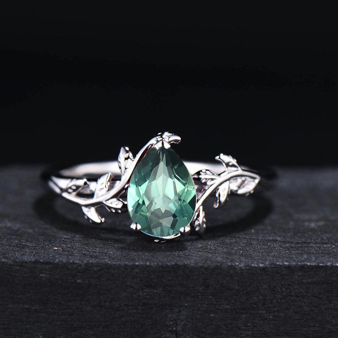 Nature Inspired Green Sapphire Ring 1.25ct Pear Shaped Green Blue Montana Teal Sapphire Leaf Engagement Ring Branch Design Solitaire Ring