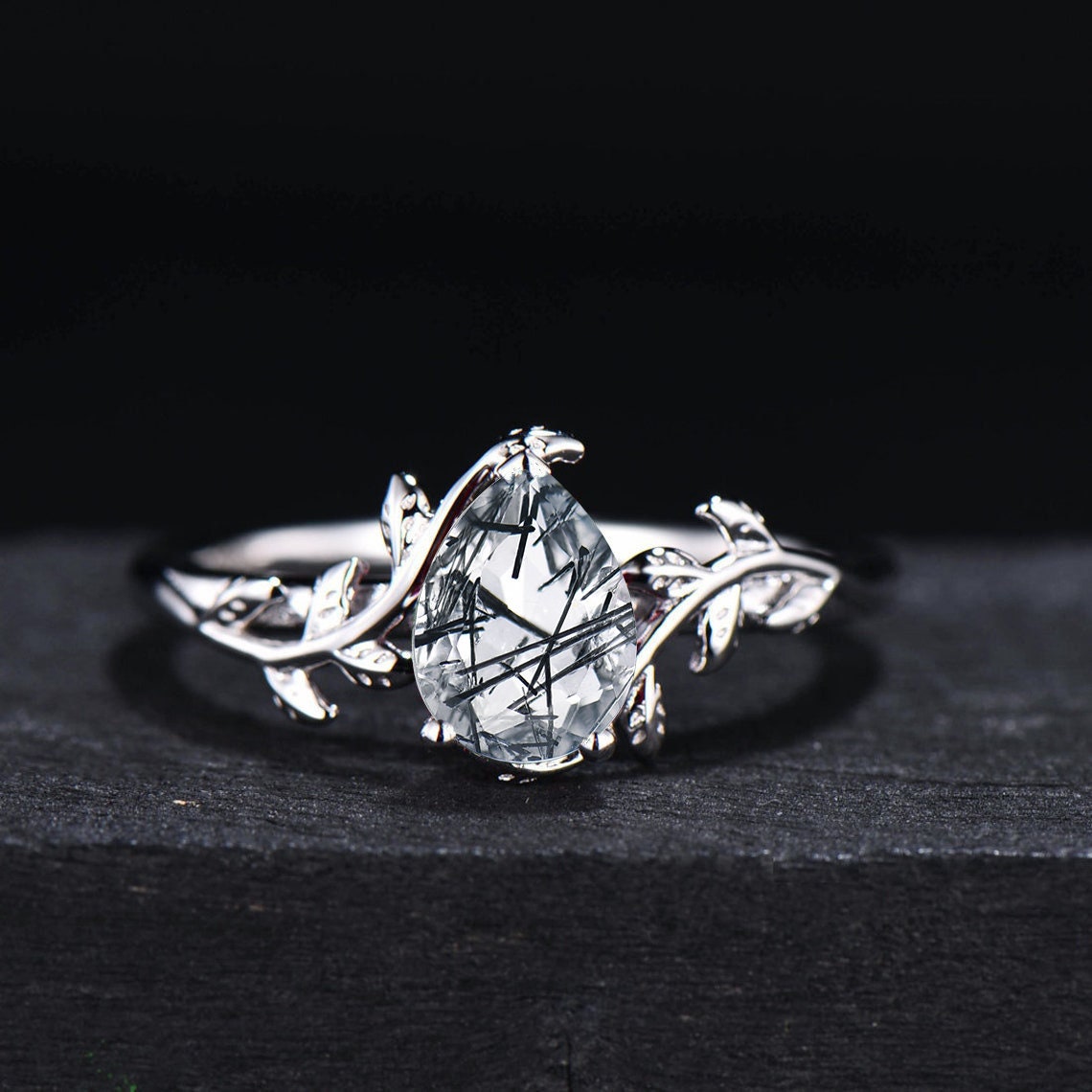 1.25ct Natural Black Rutilated Quartz Ring Set Pear Shaped Tourmalinated Quartz Ring Set Black Crystal Vintage 14k Gold Leaf Engagement Ring