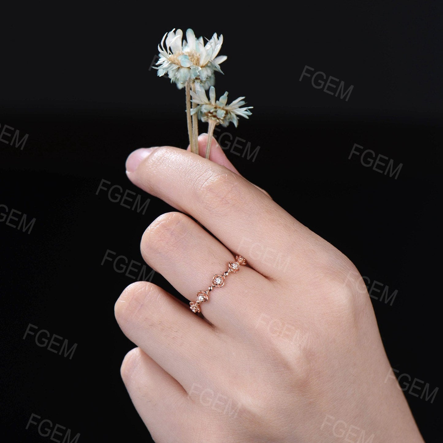 Rose Flower Wedding Band Delicate Moissnaite/Diamond Stacking Matching Minimalist Band Rose Gold Floral Promise Ring Women Anniversary Gifts
