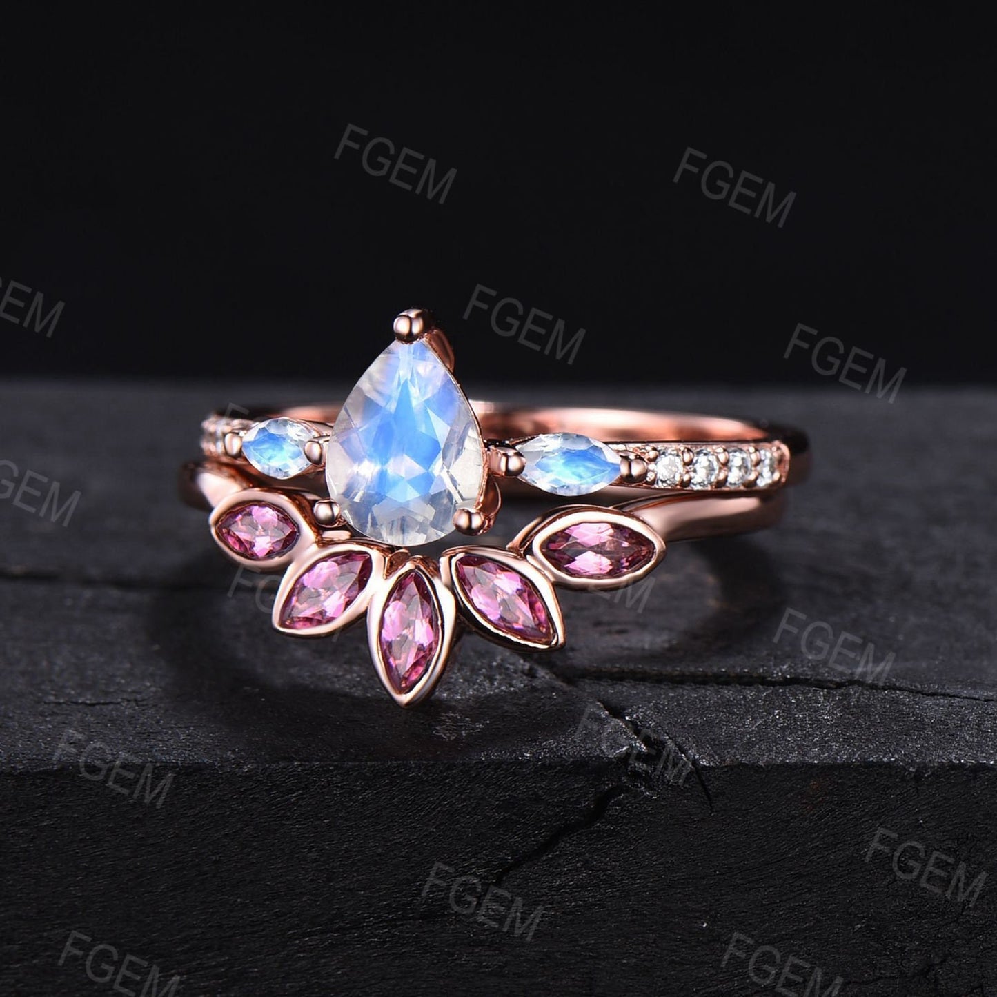 Pear Shaped Natural Rainbow Moonstone Engagement Ring Set Vintage Marquise Pink Tourmaline Curve Wedding Band June Birthstone Wedding Ring
