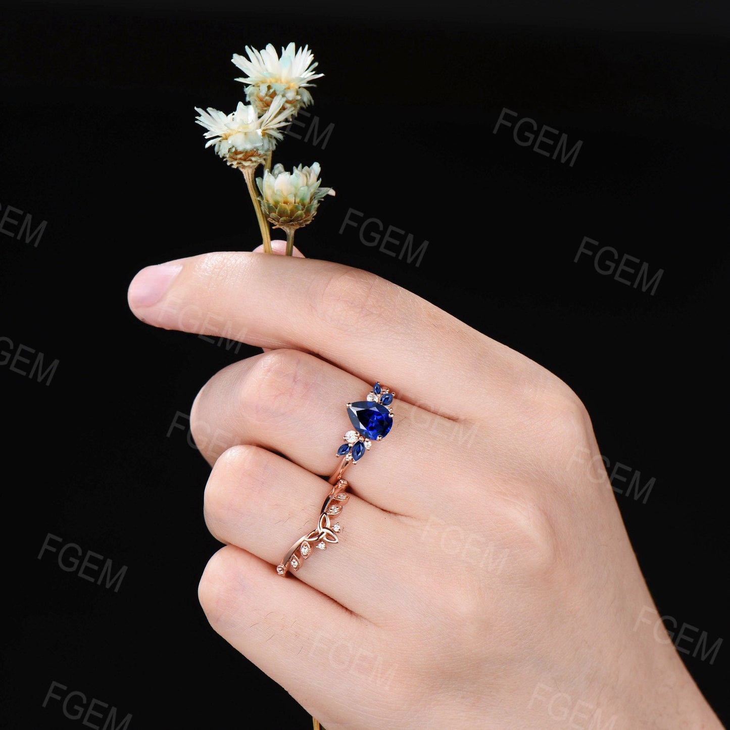 Unique 1.25CT Pear Shaped Nature Inspired Blue Sapphire Engagement Ring Moissanite Wedding Ring Cluster Ring 14K Rose Gold Celtic Bridal Set