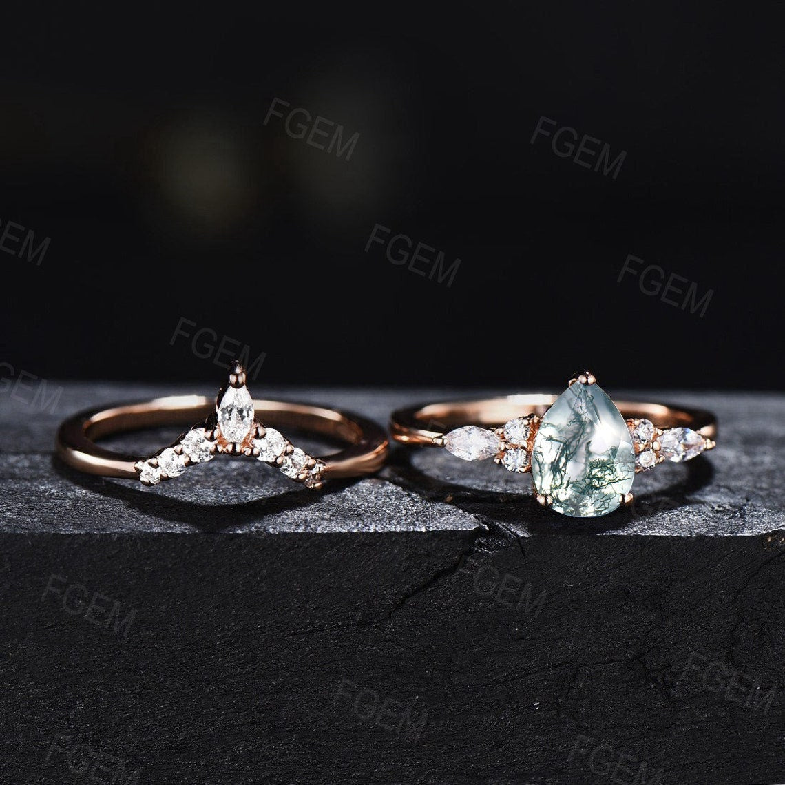 Pear Shaped Engagement Ring Set Sterling Silver 1.25ct Natural Moss Agate Wedding Ring Promise Ring Healing Gemstone Jewelry Gift for Women