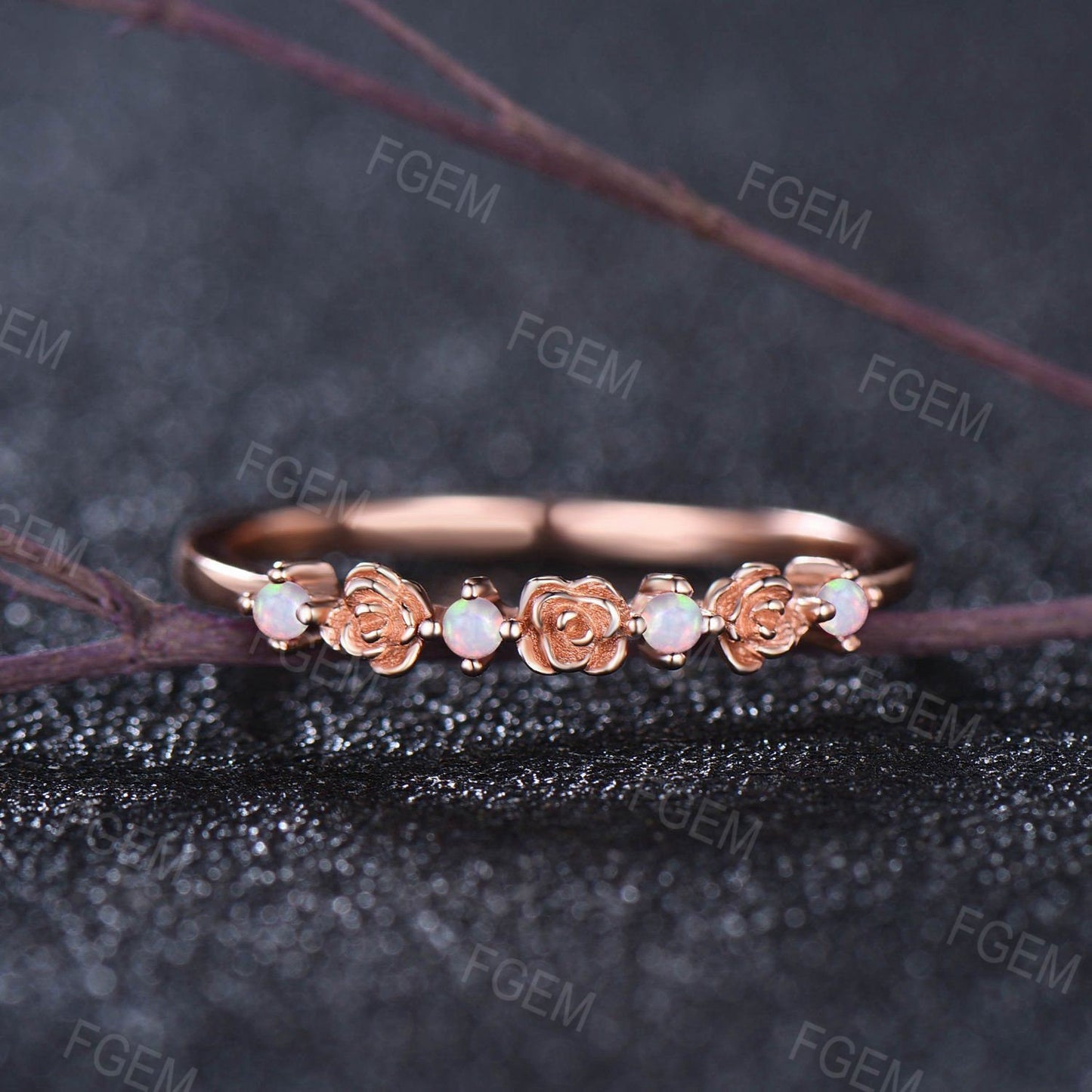 10K Rose Gold White Opal Floral Wedding Ring Stacking Matching Bridal Band Half Eternity Band Unique Rose Flower Opal Wedding Band Love Gift