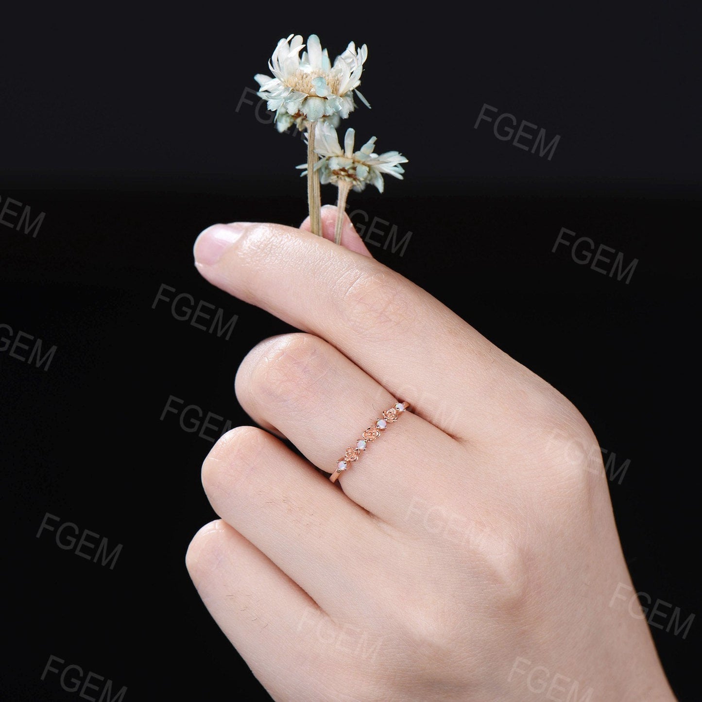 10K Rose Gold White Opal Floral Wedding Ring Stacking Matching Bridal Band Half Eternity Band Unique Rose Flower Opal Wedding Band Love Gift