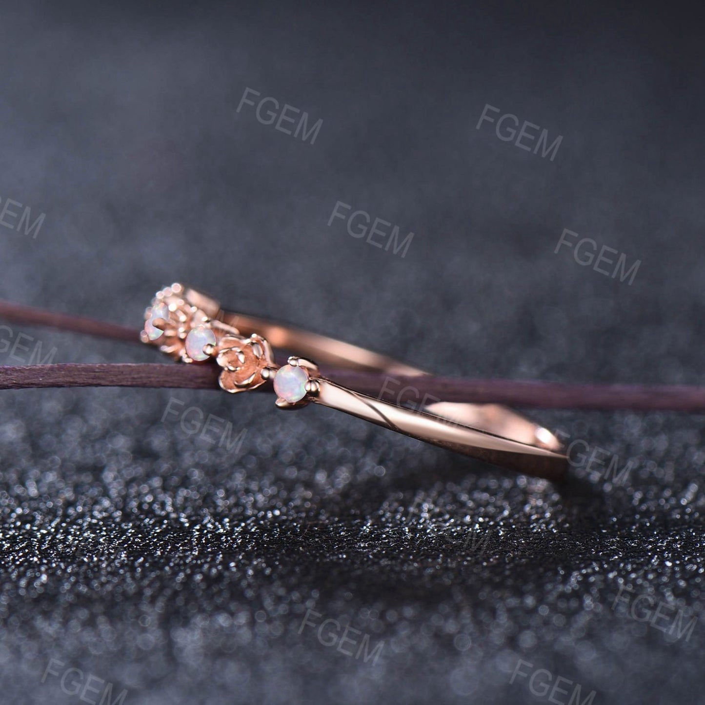 10K Rose Gold White Opal Floral Wedding Ring Stacking Matching Bridal Band Half Eternity Band Unique Rose Flower Opal Wedding Band Love Gift