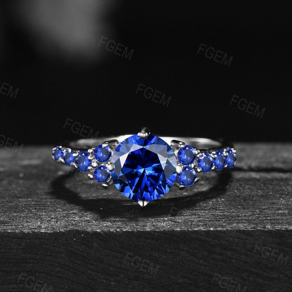 Sterling Silver Blue Sapphire Engagement Ring Vintage 7mm Round Cut Sapphire Wedding Ring September Birthstone Platinum Promise Ring Women