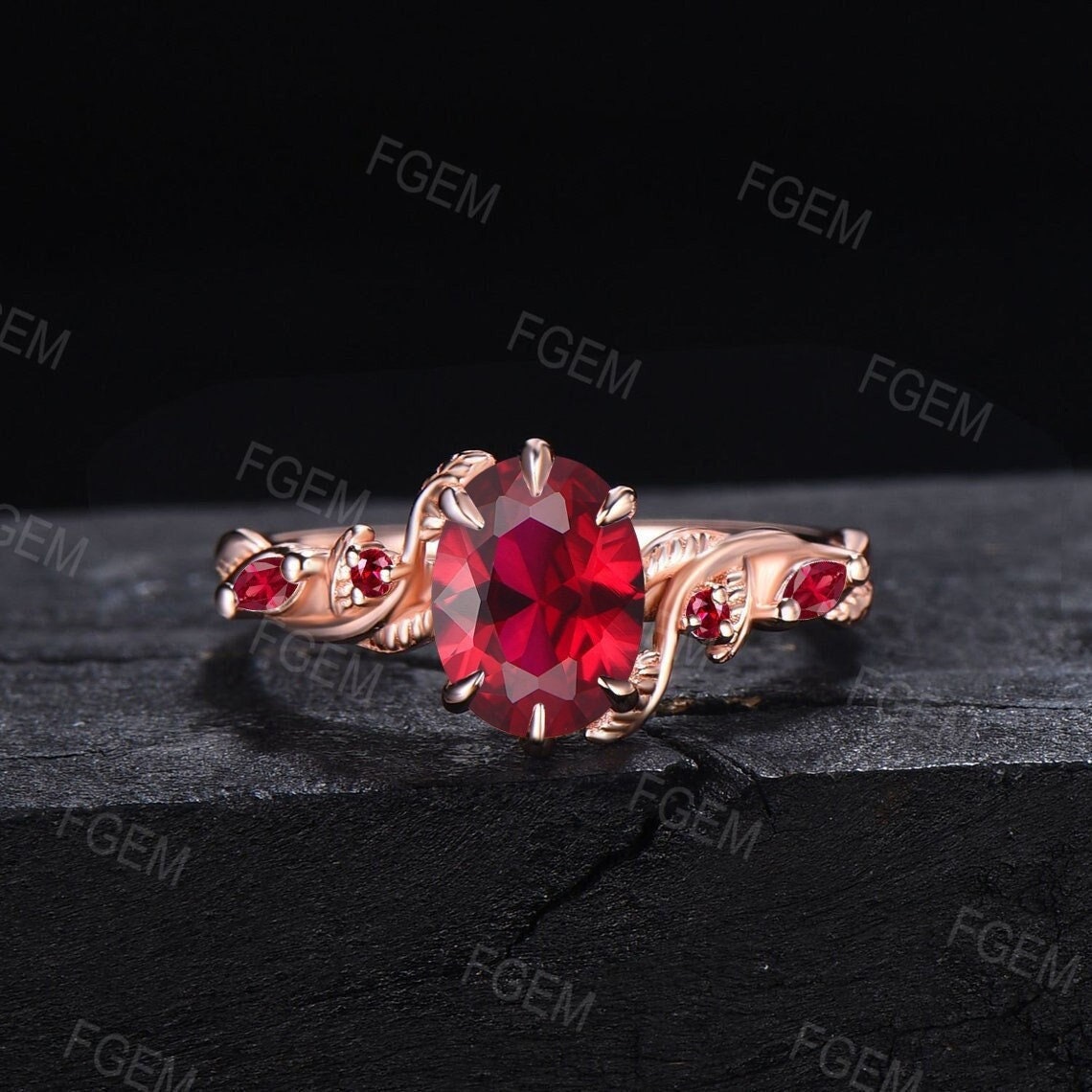 Nature Inspired Ruby Gemstone Ring Set 1.5ct Oval Cut Twig Leaf Ruby Engagement Rings Twisted Vine Ring Unique July Birthstone Birthday Gift