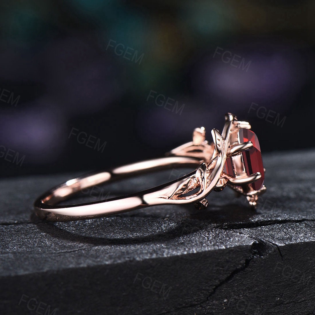 1ct Hexagon Cut Natural Garnet Ring Red Gemstone Jewelry Nature Inspired Twig Leaf Garnet Engagement Rings Unique January Birthstone Gifts