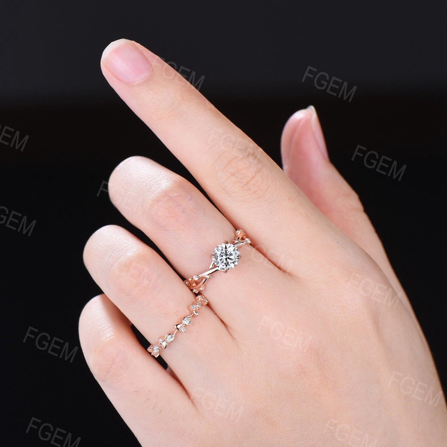 Twig Moissanite Ring Set 10K Rose Gold Round Cut Nature Inspired Forever One Moissanite Vine Engagement Ring Set Anniversary/Promise Ring