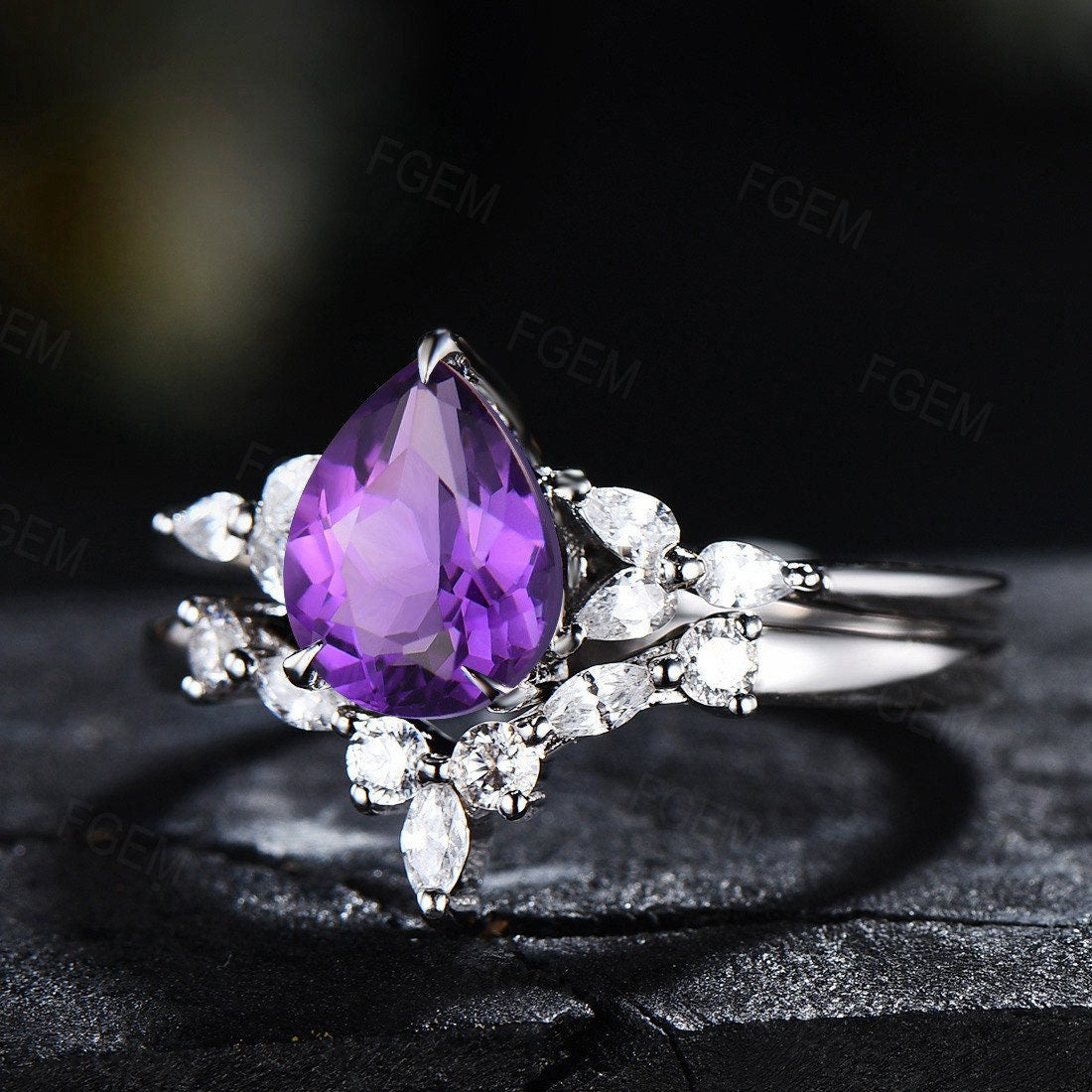 1.25ct Pear Shaped Natural Amethyst Ring Set Silver Platinum Purple Crystal Amethyst Wedding Bridal Ring February Birthstone Jewelry Gifts